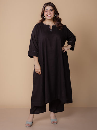 Nyra Black Solid Slub Cotton Jhabbha Kali Kurta with Hand Embroidery