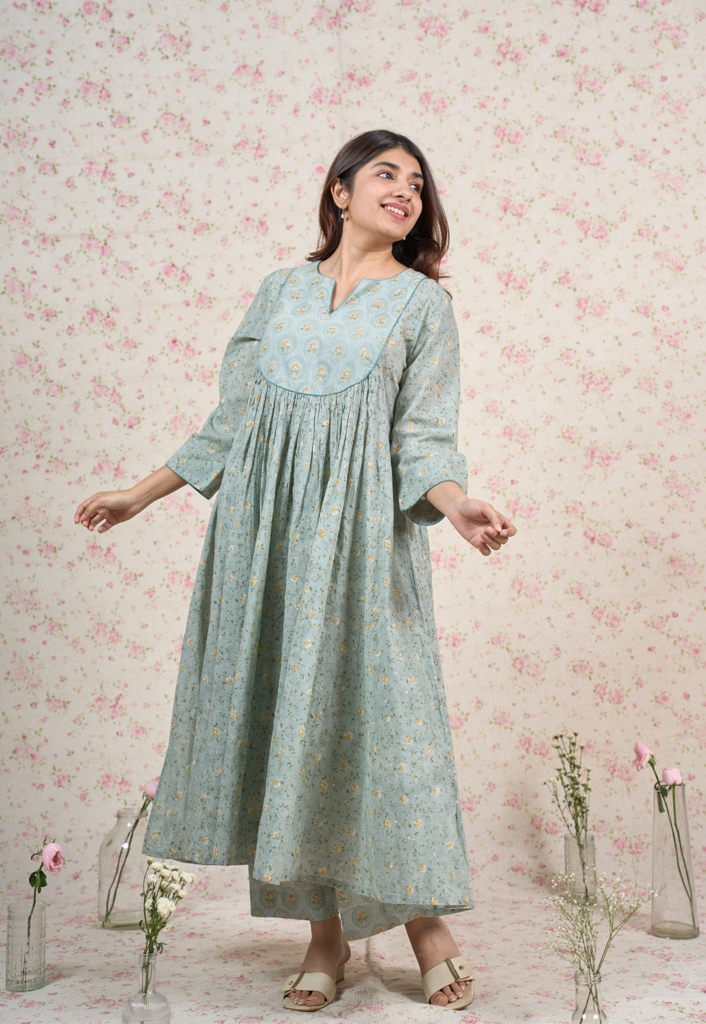 Zelda Blue Sanganeri Mul Cotton Kali Kurta Set (Set of 2)