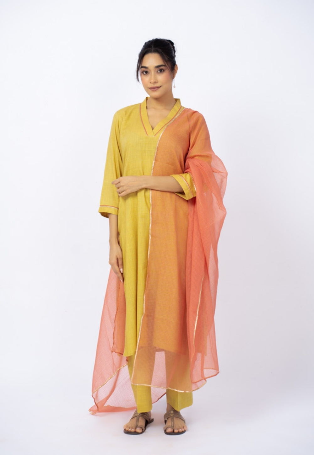 Zeenat Yellow Solid Slub Cotton Straight Kurta Suit Set with Solid Dupatta (Set of 3)