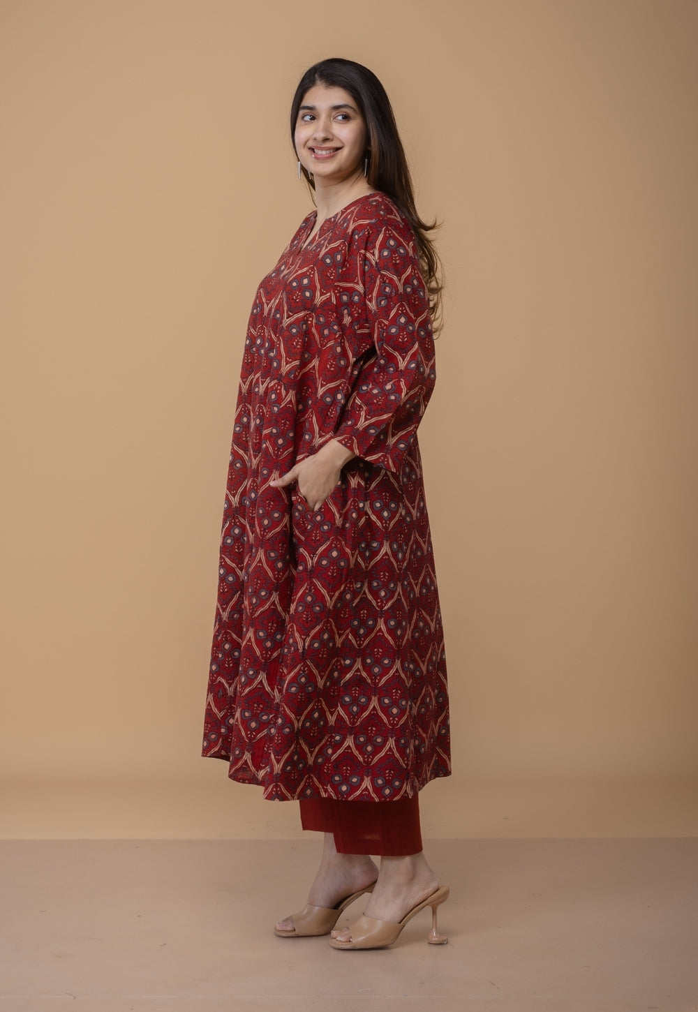 Nyra Red Ajrakh Cotton Jhabbha Kali Kurta