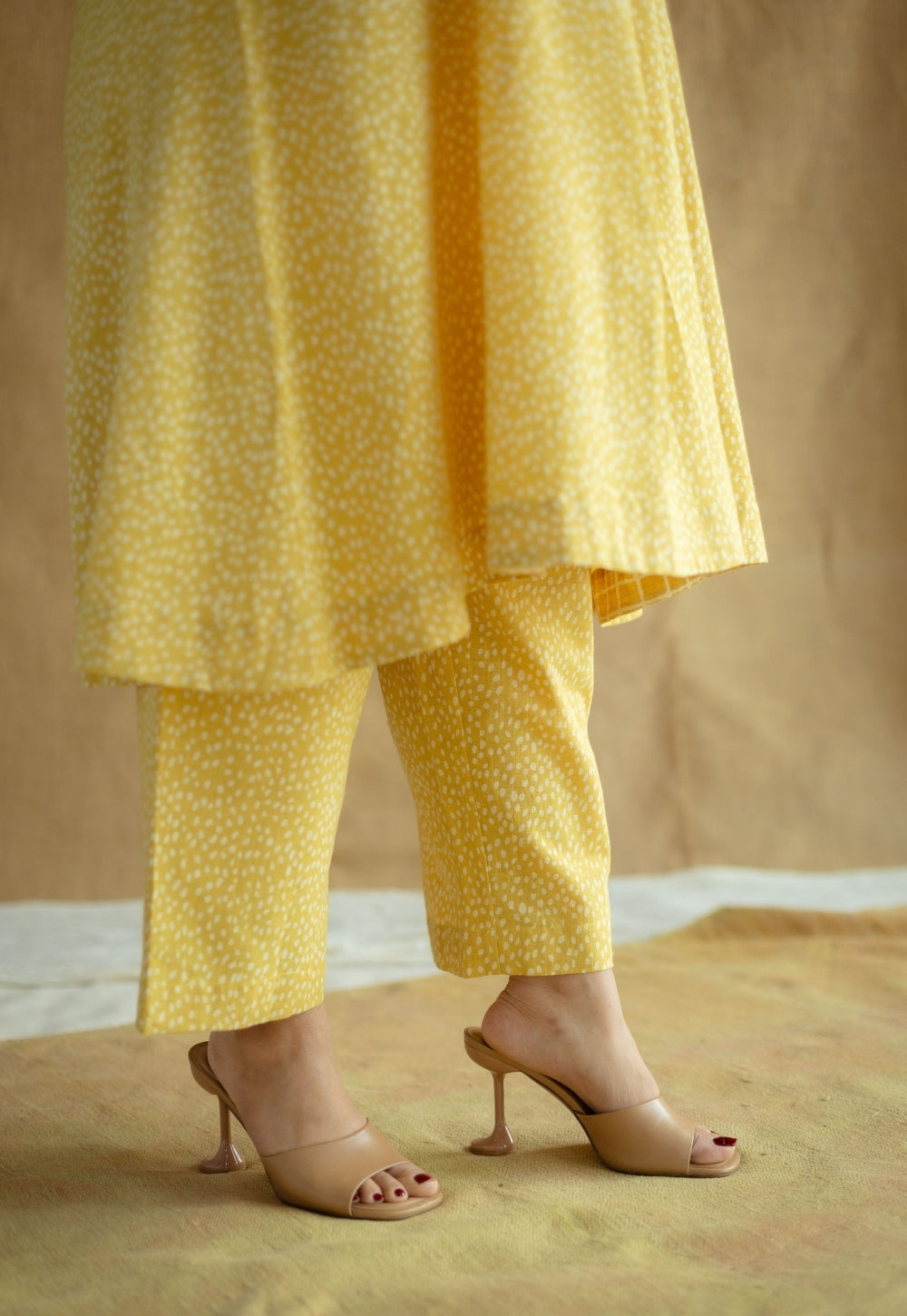 Yashi Mustard Hand Block Print Slub Cotton Straight Pant