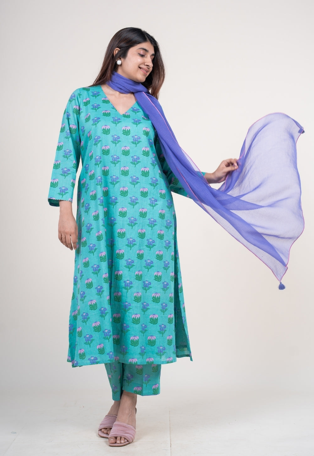 Bright Purple Solid Kota Doria Cotton Dupatta with Tassels