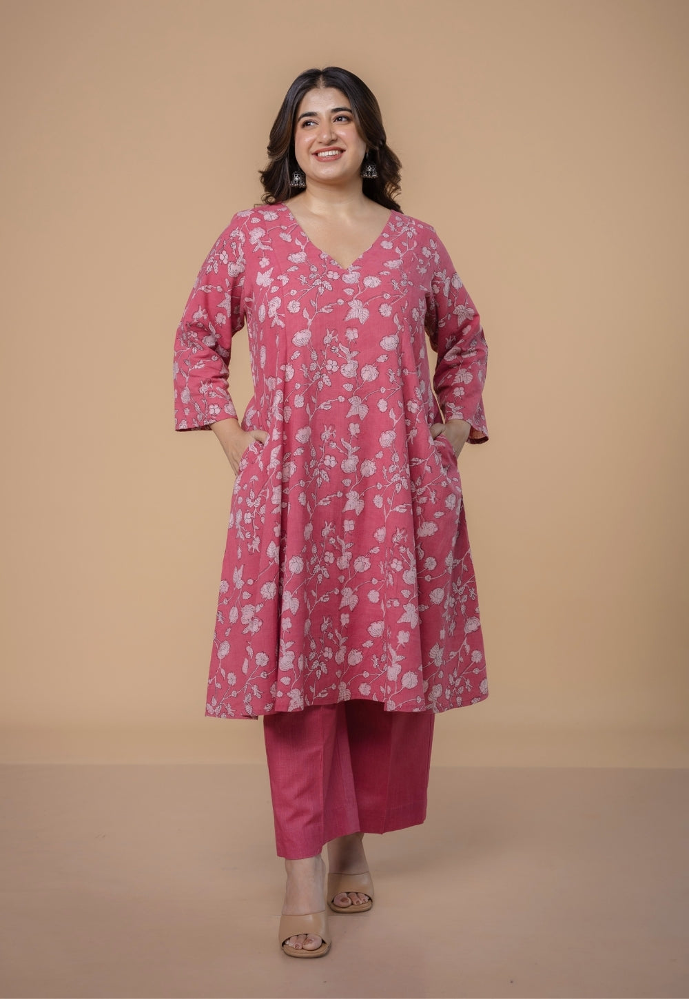 Karisma Pink Dabu Slub Cotton Kali Kurta Set (Set of 2)