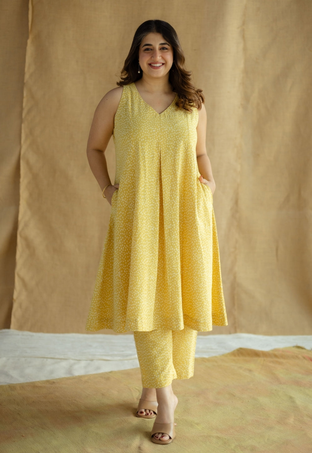 Yashi Mustard Hand Block Print Slub Cotton Straight Pant