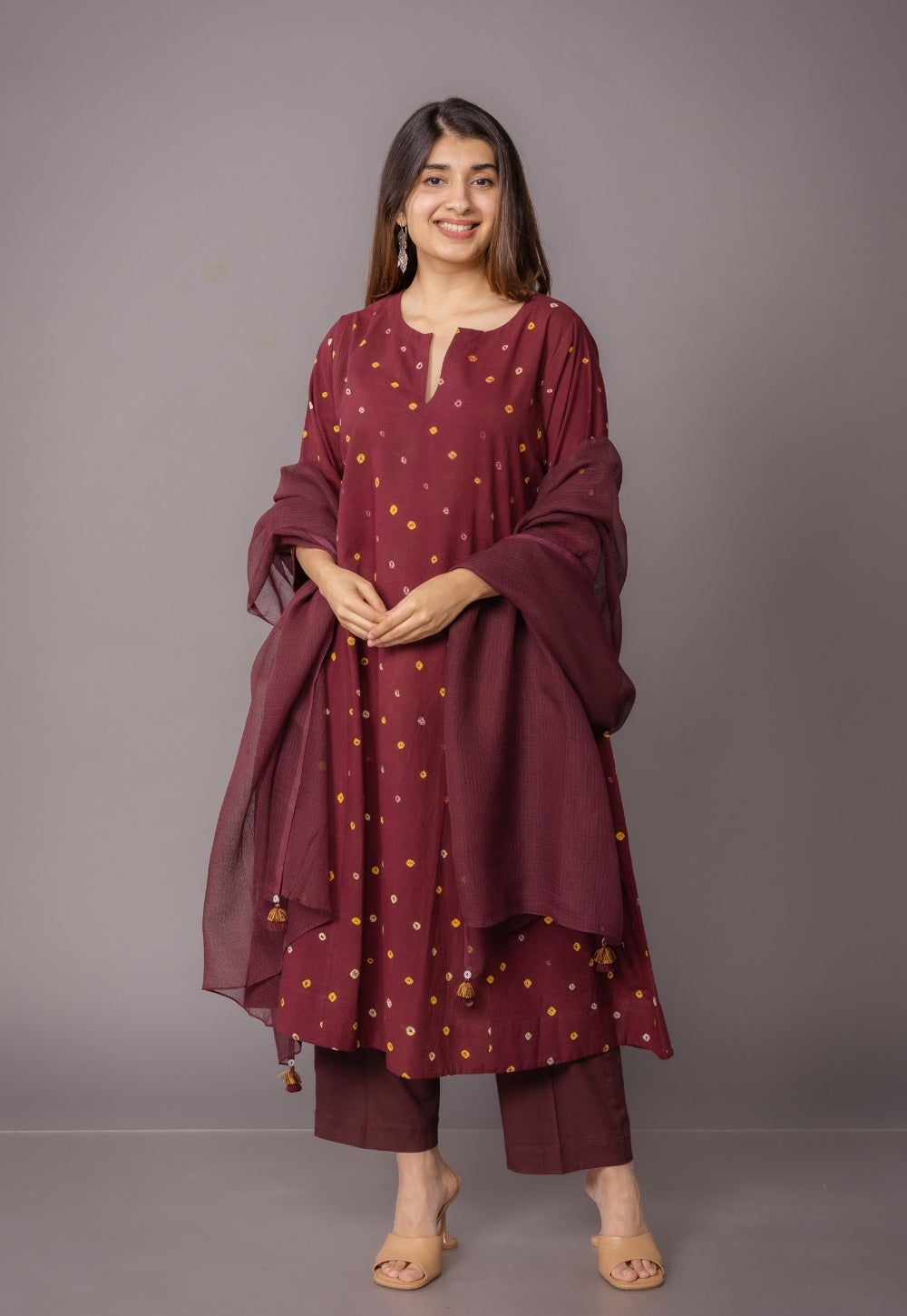 Nyra Red Bandhani Cotton Jhabbha Kali Embroidered Kurta with Dupatta