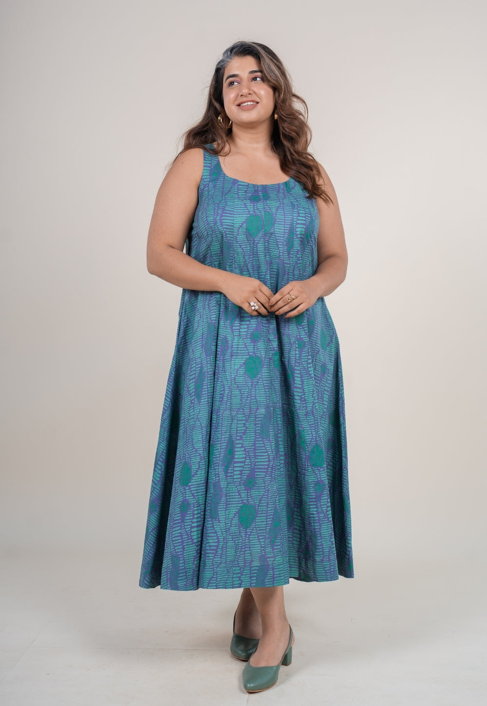 Tira Teal Blue Printed Cotton A Line Dress