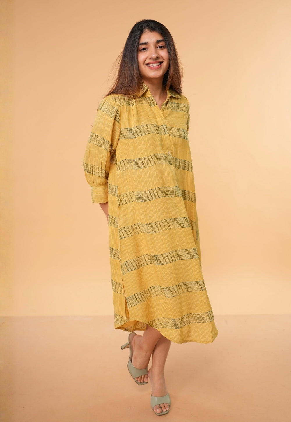 Ridah Yellow Ajrakh Modal Silk A Line Dress