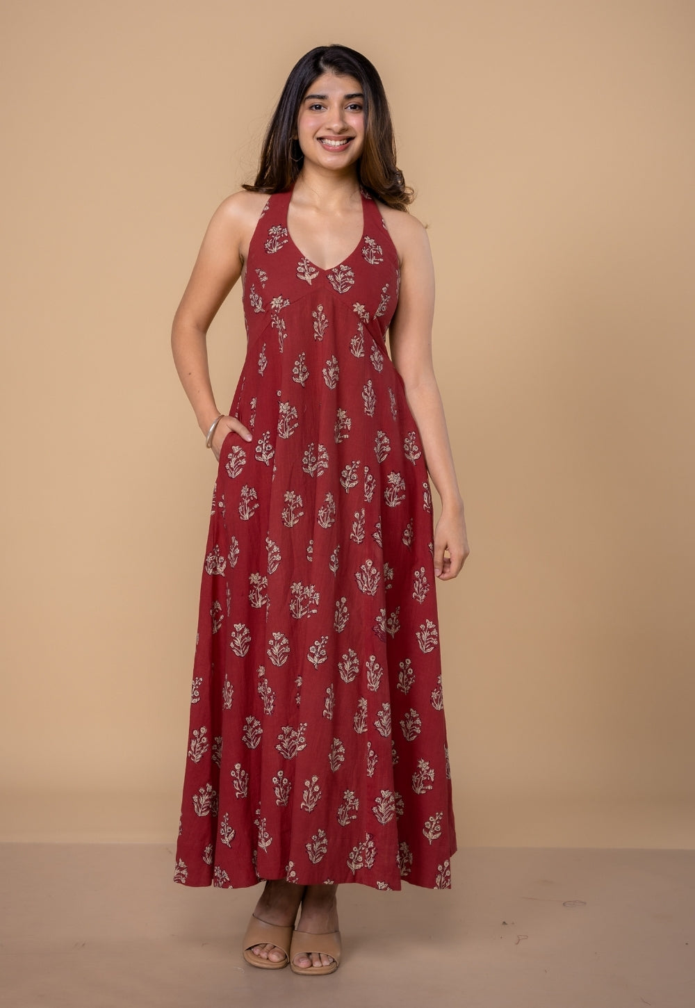 Sanyukta Red Dabu Slub Cotton A Line Dress