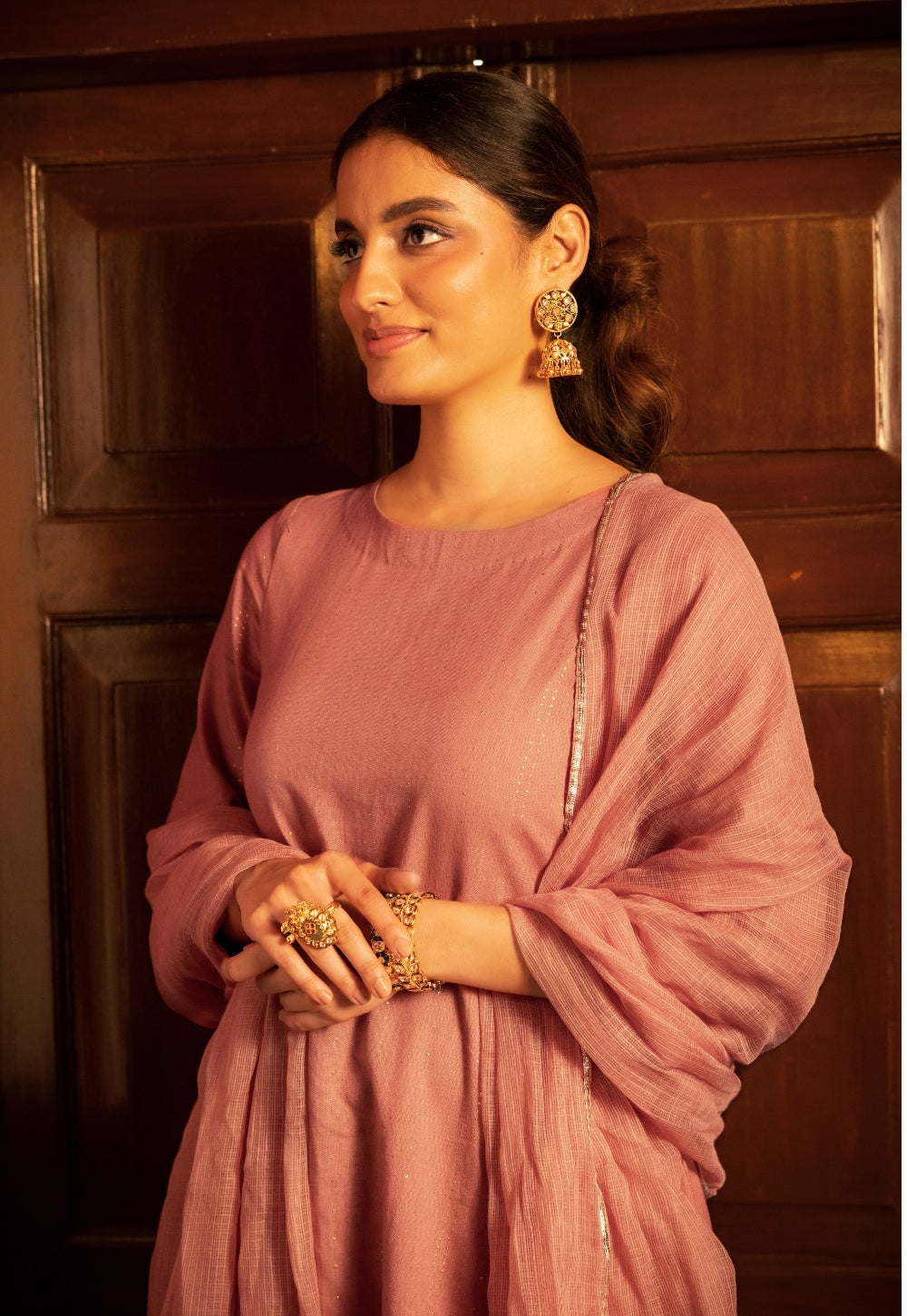 Eram Pink Rogan Handblock Printed Cotton Flex Suit Set (Set of 3)