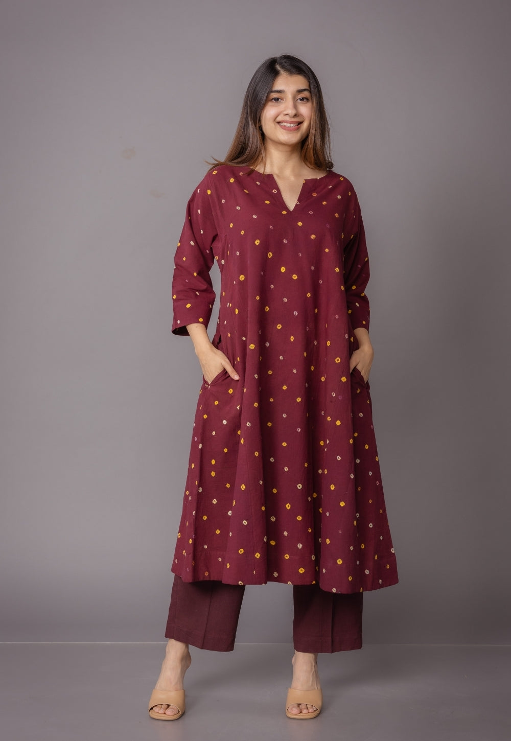 Yashi Red Solid Slub Cotton Straight Pant