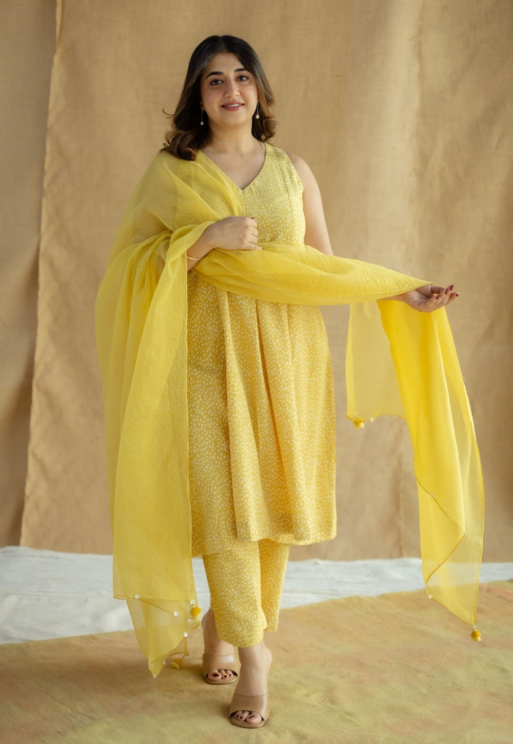 Yashi Mustard Hand Block Print Slub Cotton Straight Pant
