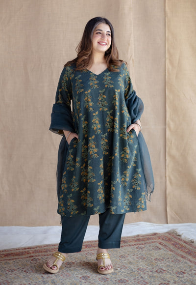 Sayali Green Ajrakh Cotton A Line Kurta with Hand Embroidery