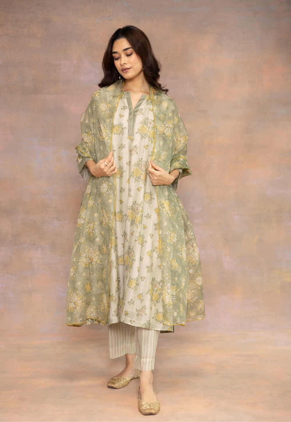 Rozin Green Sanganeri Chanderi Silk A Line Kurta
