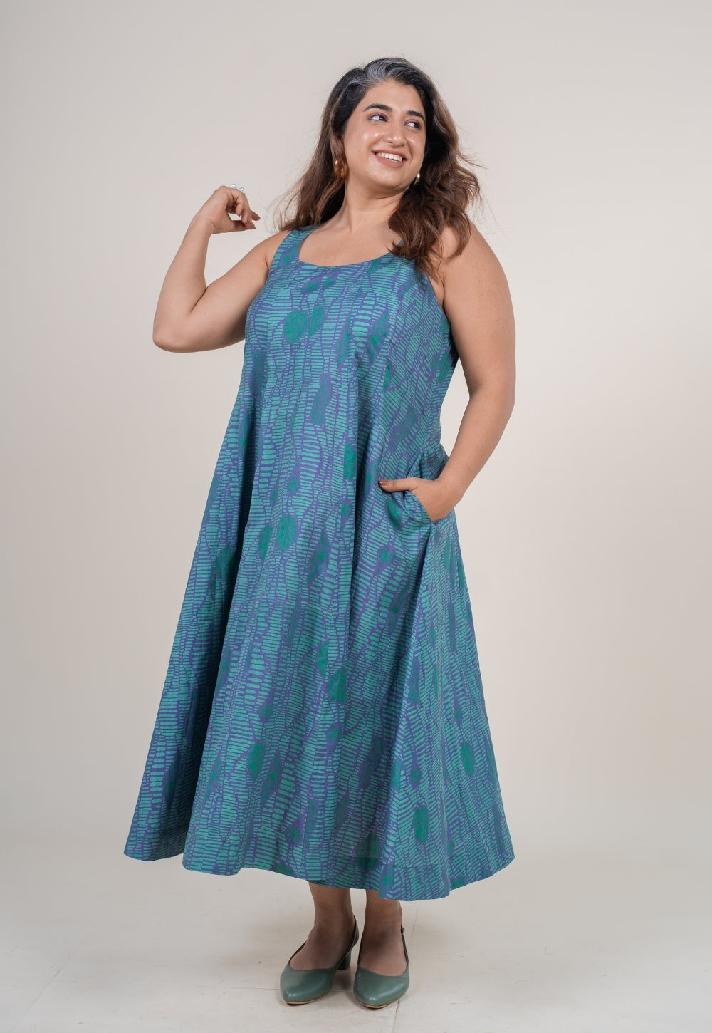 Tira Teal Blue Printed Cotton A Line Dress