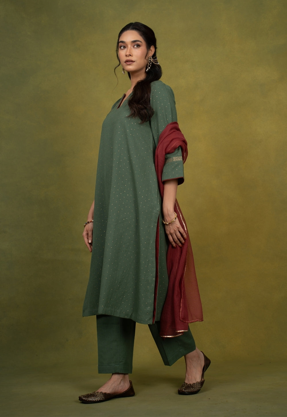 Ishira Green Rogan Handblock Printed Cotton Straight Kurta Suit Set (Set of 3)