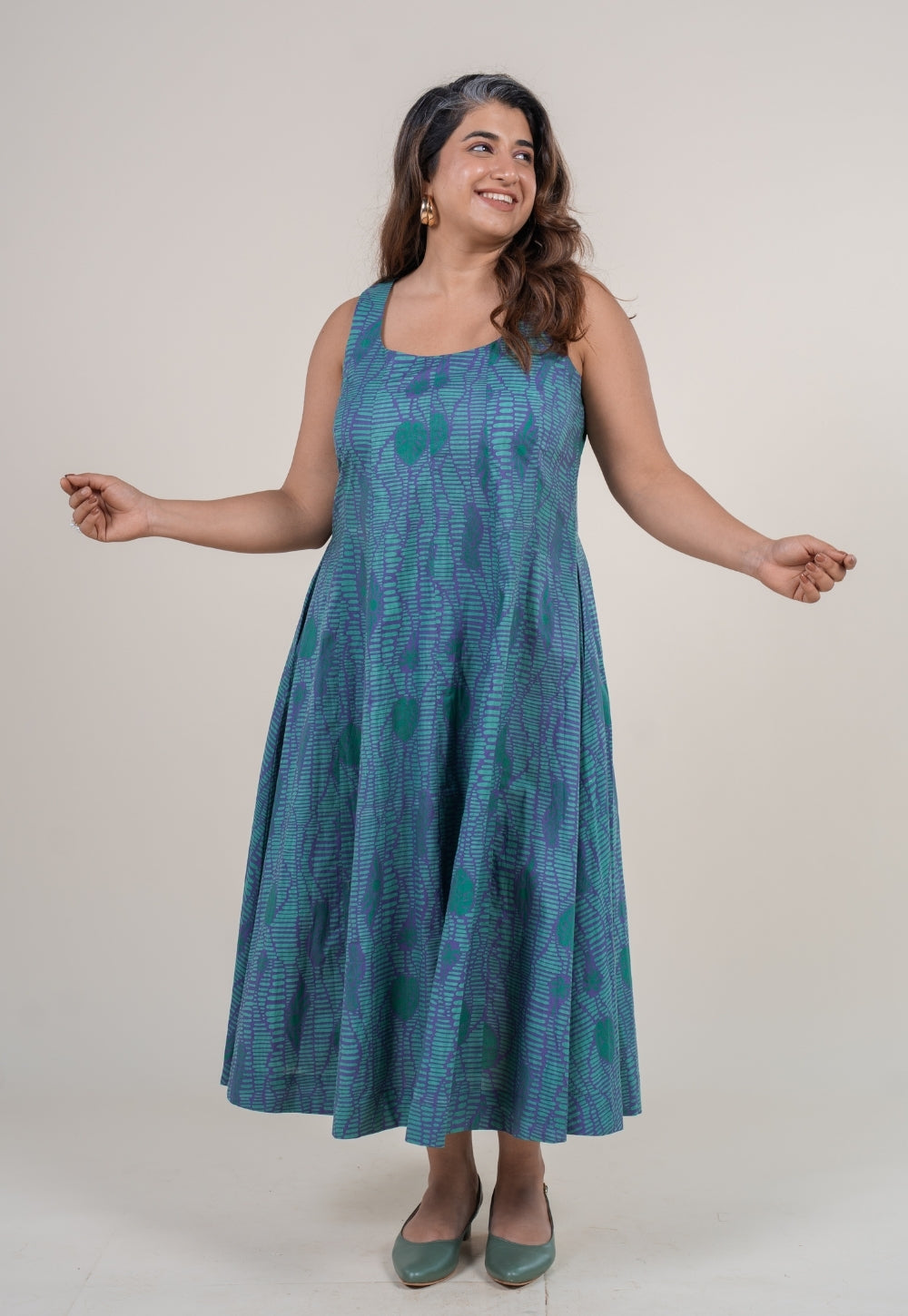 Tira Teal Blue Printed Cotton A Line Dress