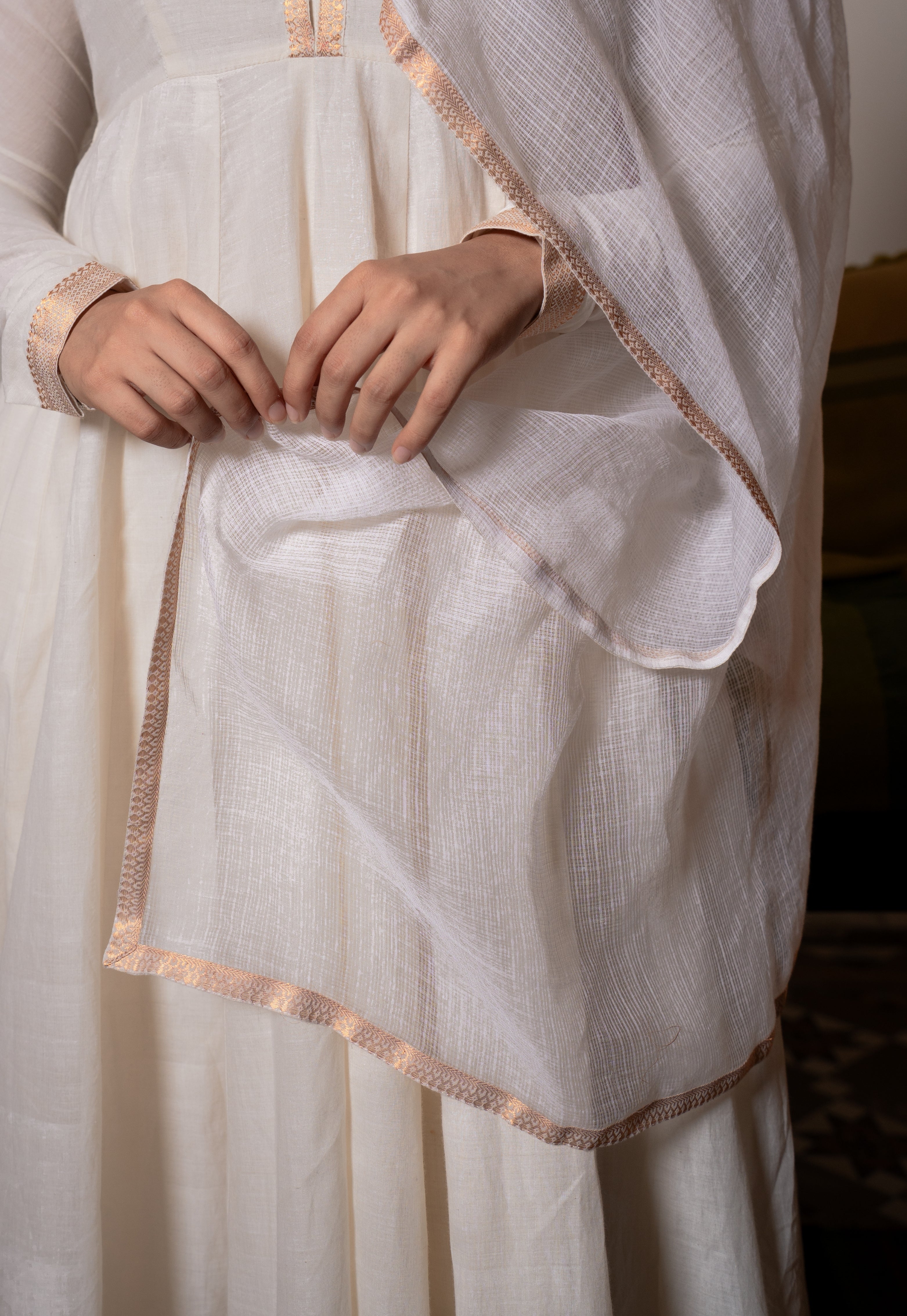 Off White Solid Kota Doria Cotton Dupatta with Mangalgiri Border