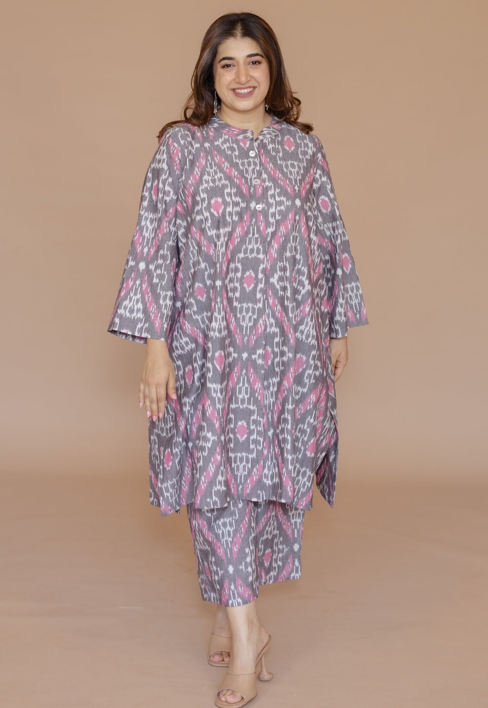 Ayaat Grey Handloom Ikkat Cotton Straight Co-Ord Set