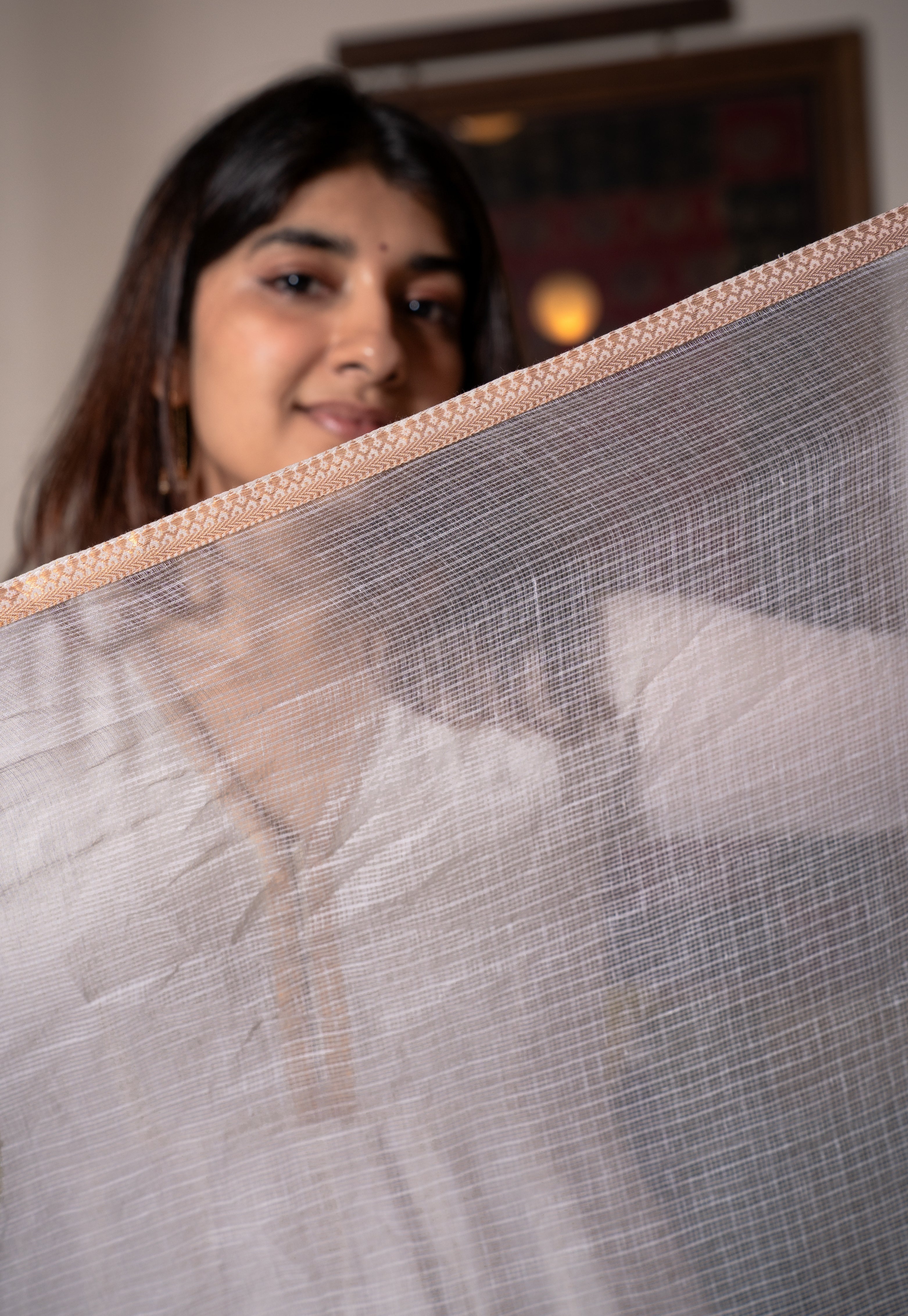 Off White Solid Kota Doria Cotton Dupatta with Mangalgiri Border