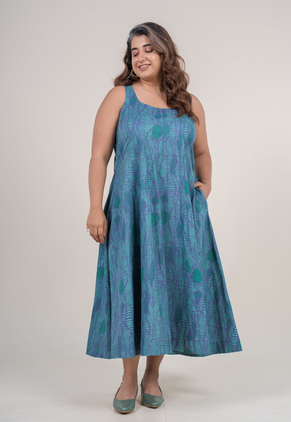 Tira Teal Blue Printed Cotton A Line Dress