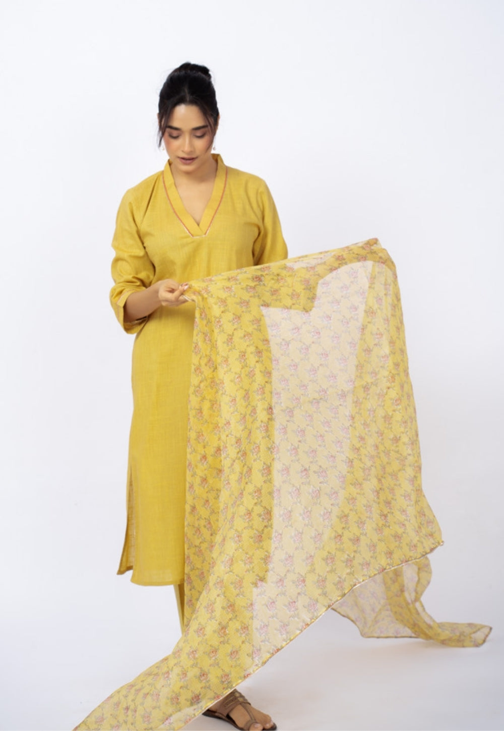 Zeenat Yellow Solid Slub Cotton Straight Kurta Suit Set with Printed Dupatta (Set of 3)