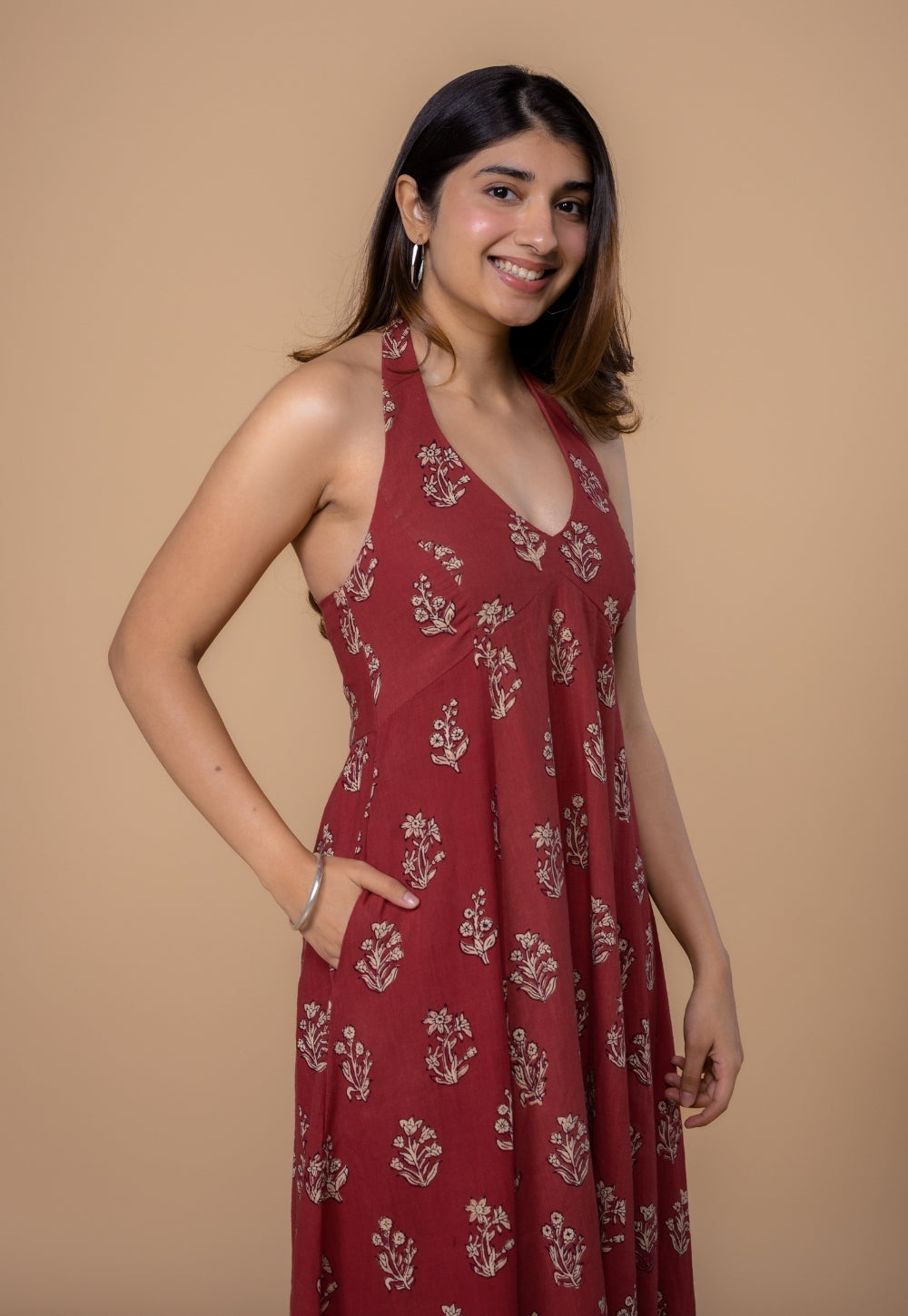 Sanyukta Red Dabu Slub Cotton A Line Dress