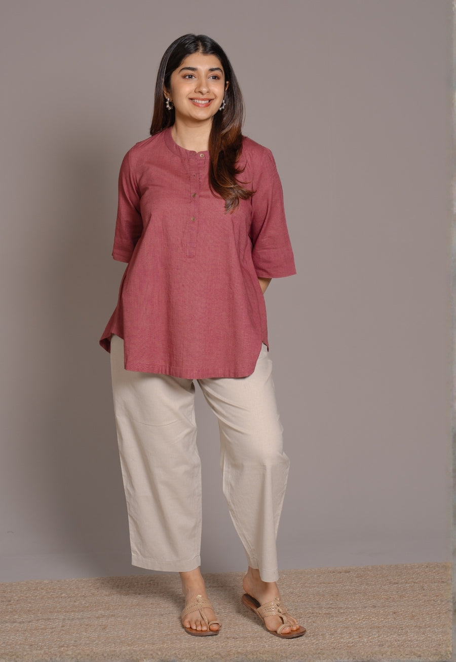 Ruby Red Solid Slub Cotton A-Line Short Top - DyeVerse