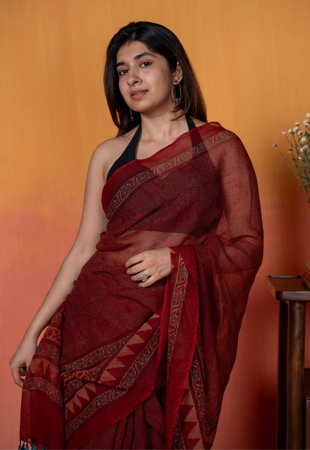 Red Tribal Ajrkah Hand Block Print Kota Doria Cotton Saree