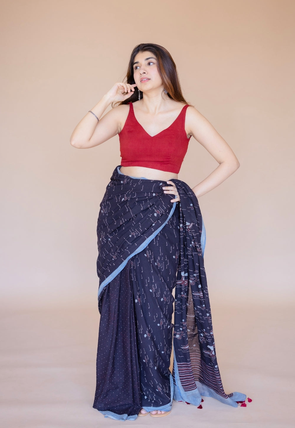Black Boat Ajrakh Hand Block Print Mul Saree