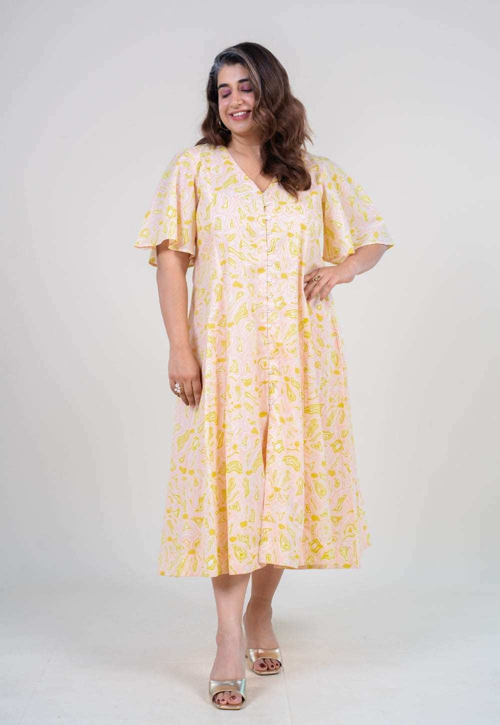 Leah Peach Printed Mul A Line Dress