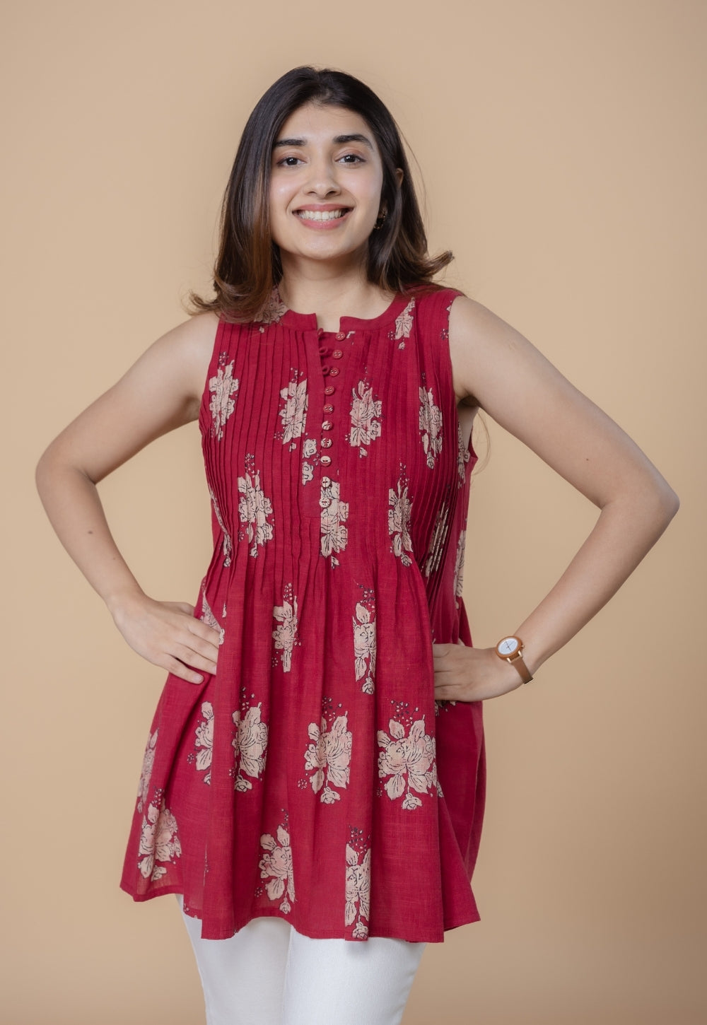 Ryza Red Dabu Slub Cotton A Line Short Top