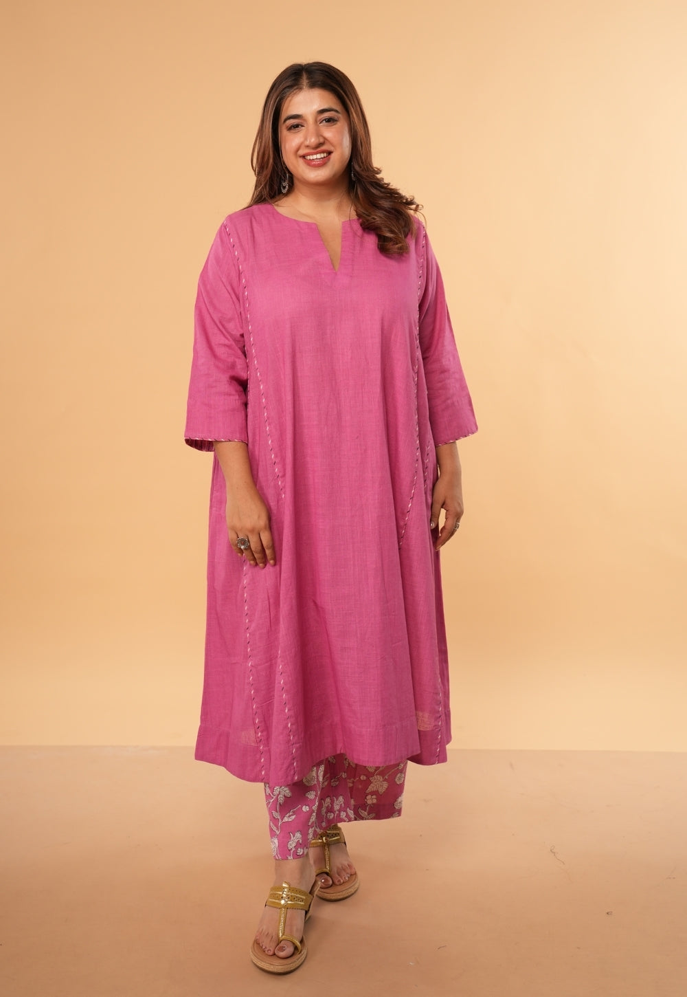 Kusha Pink Solid Slub Cotton Jhabbha Kali Kurta