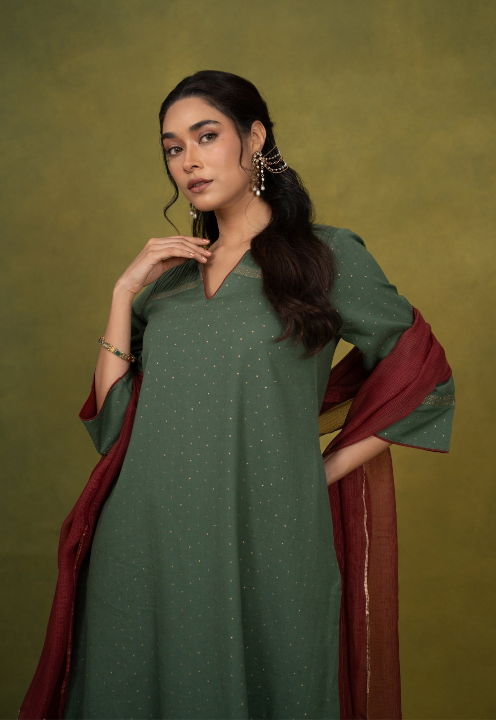 Ishira Green Rogan Handblock Printed Cotton Straight Kurta Suit Set (Set of 3)