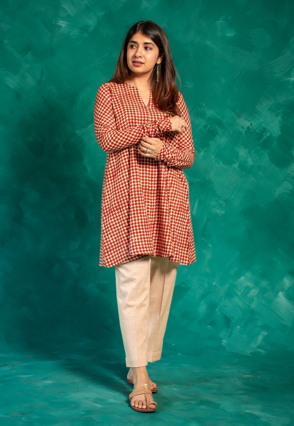 Netra Red Bagru Cotton A Line Short Top