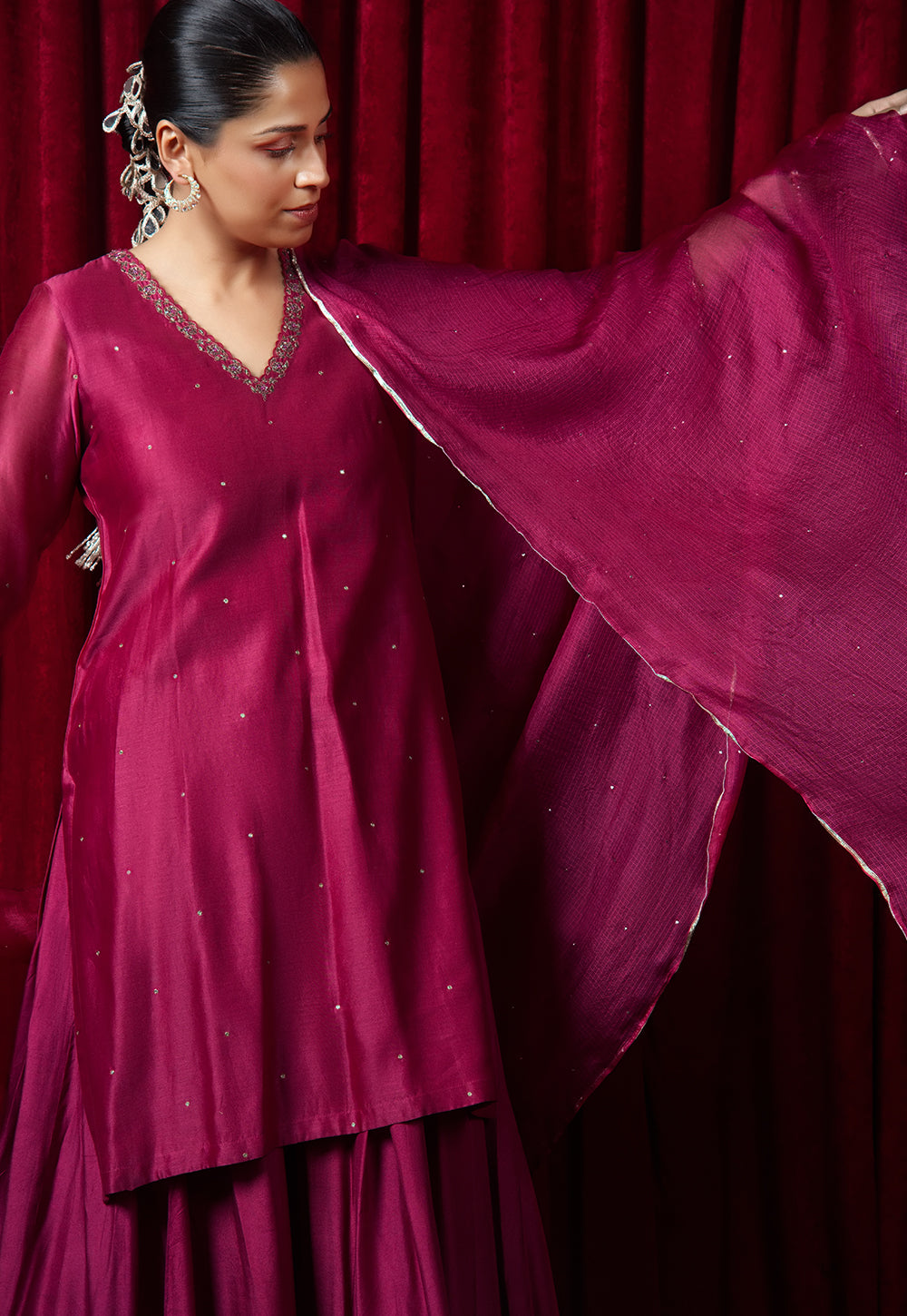 Hot Pink Solid Kota Doria Silk Dupatta with Mukaish Embroidery