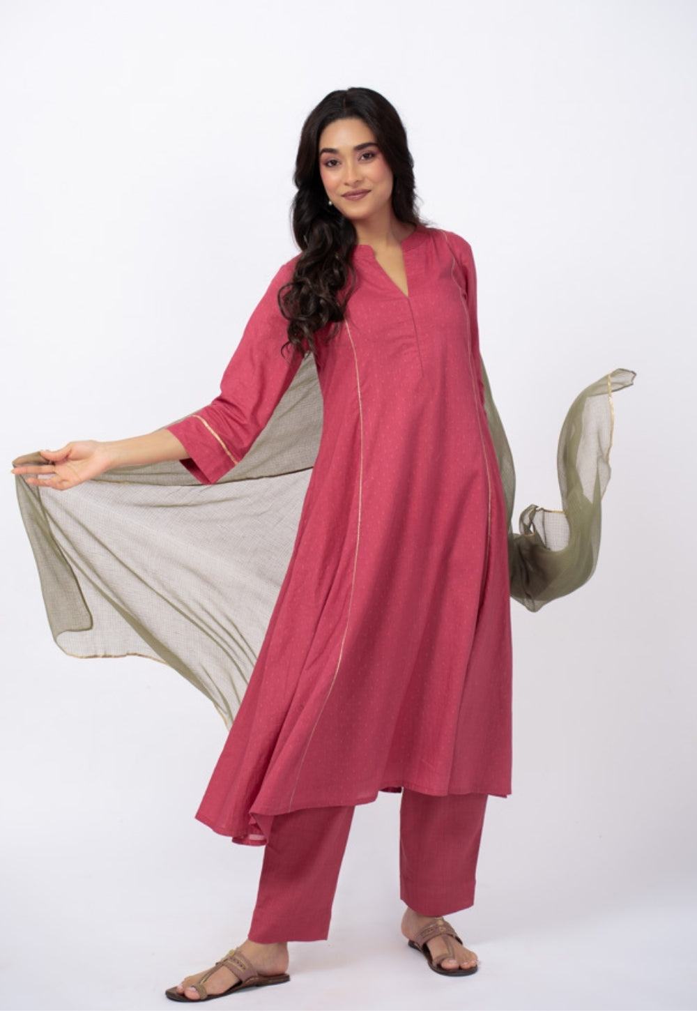 Huma Pink Solid Cotton Kali Kurta Suit Set with Solid Dupatta (Set of 3)