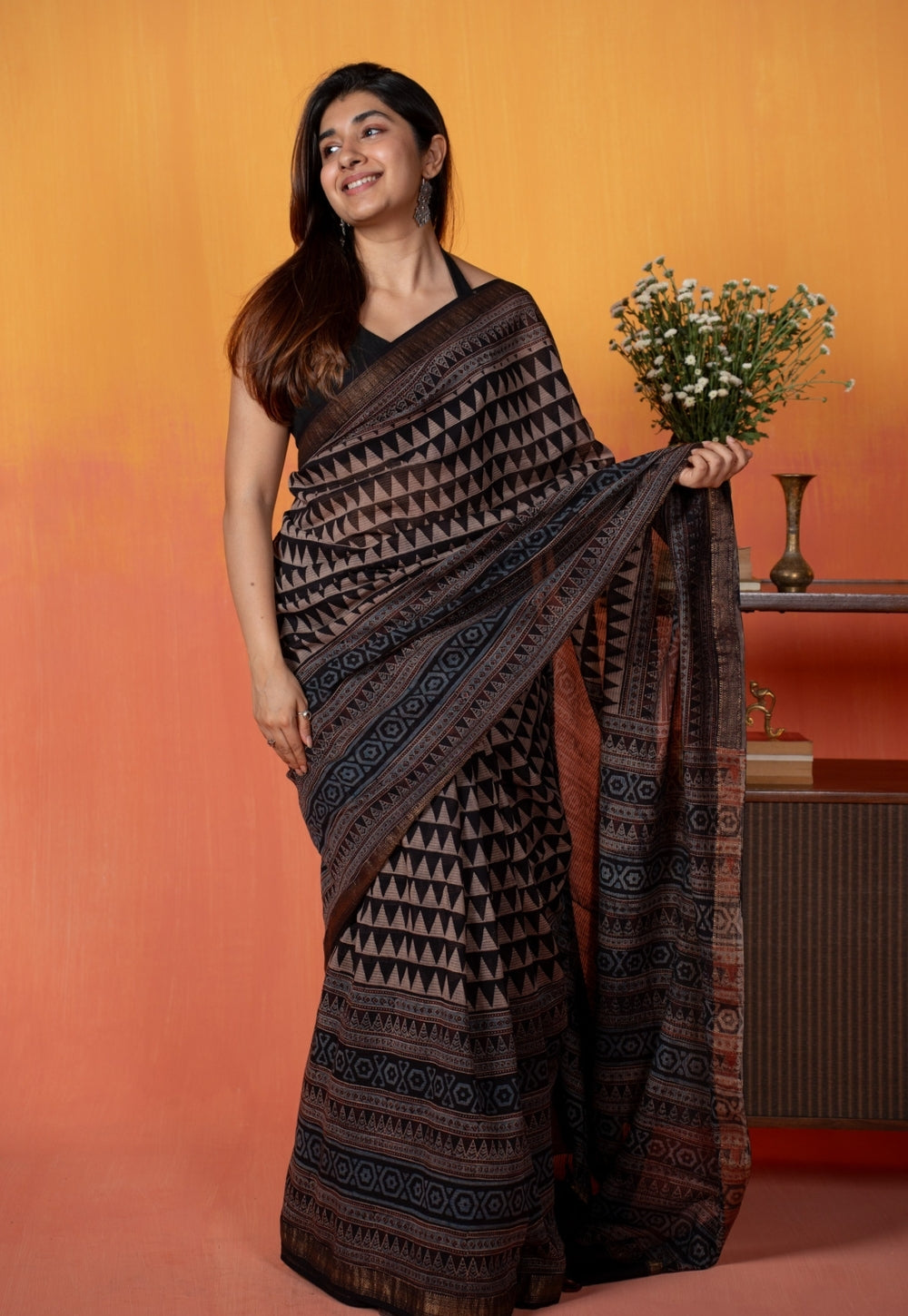 Black Tribal Ajrakh Hand Block Print Maheshwari Saree