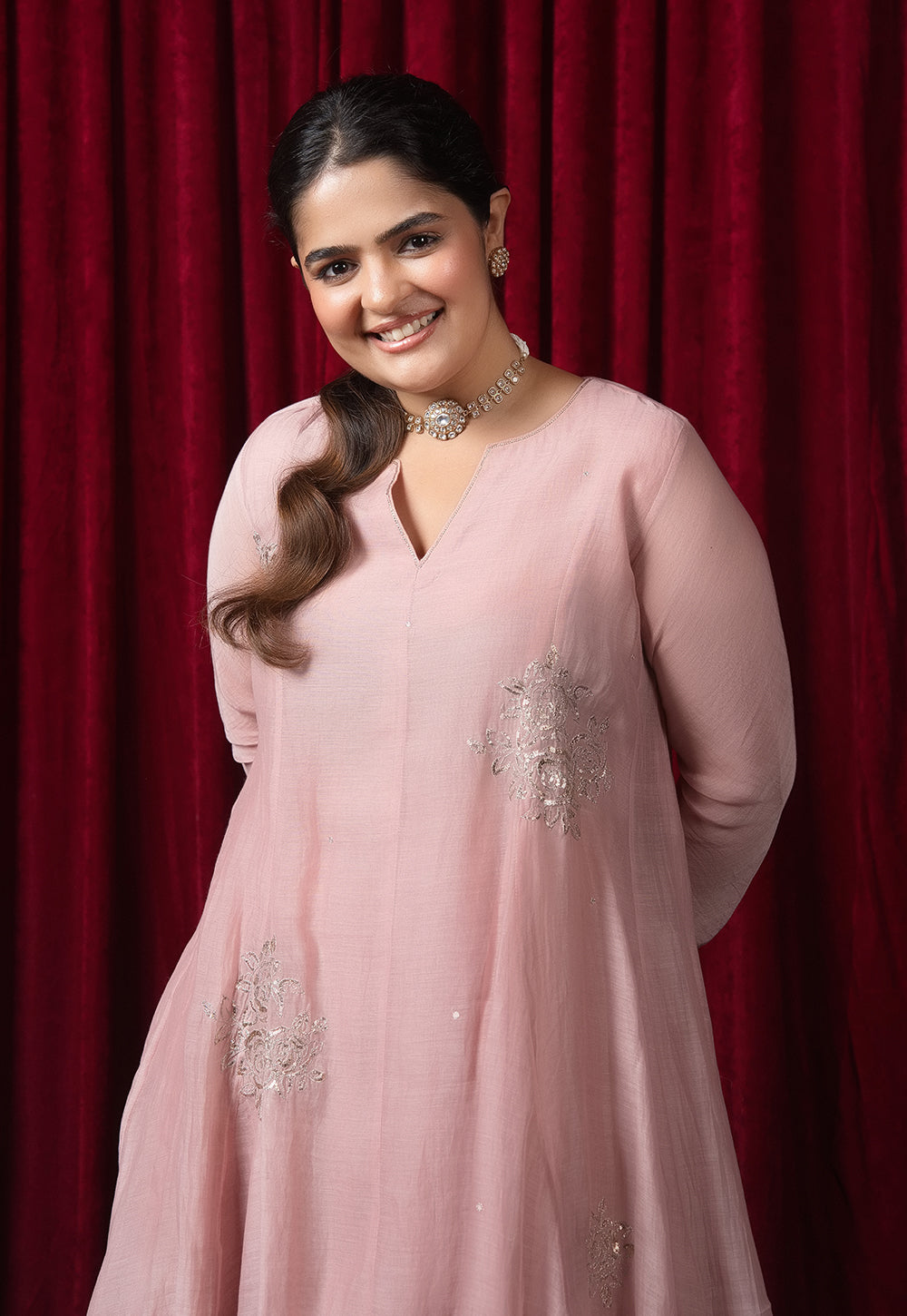 Manya Pink Solid Chanderi Silk Kali Kurta with Hand Embroidery