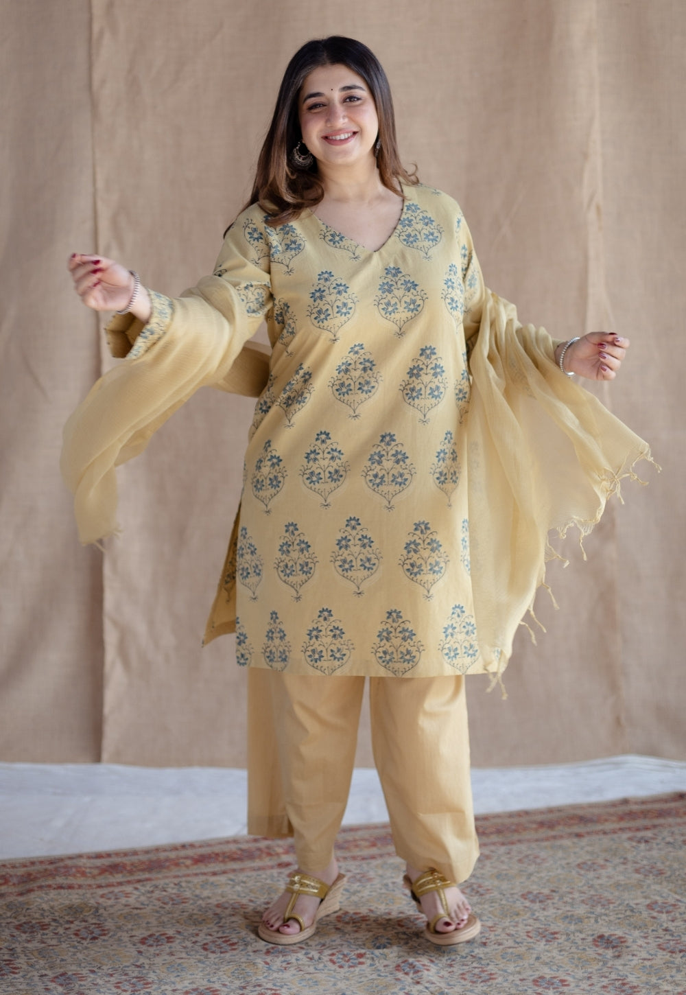 Kavya Yellow Ajrakh Cotton Straight Suit Set (Set of 3)