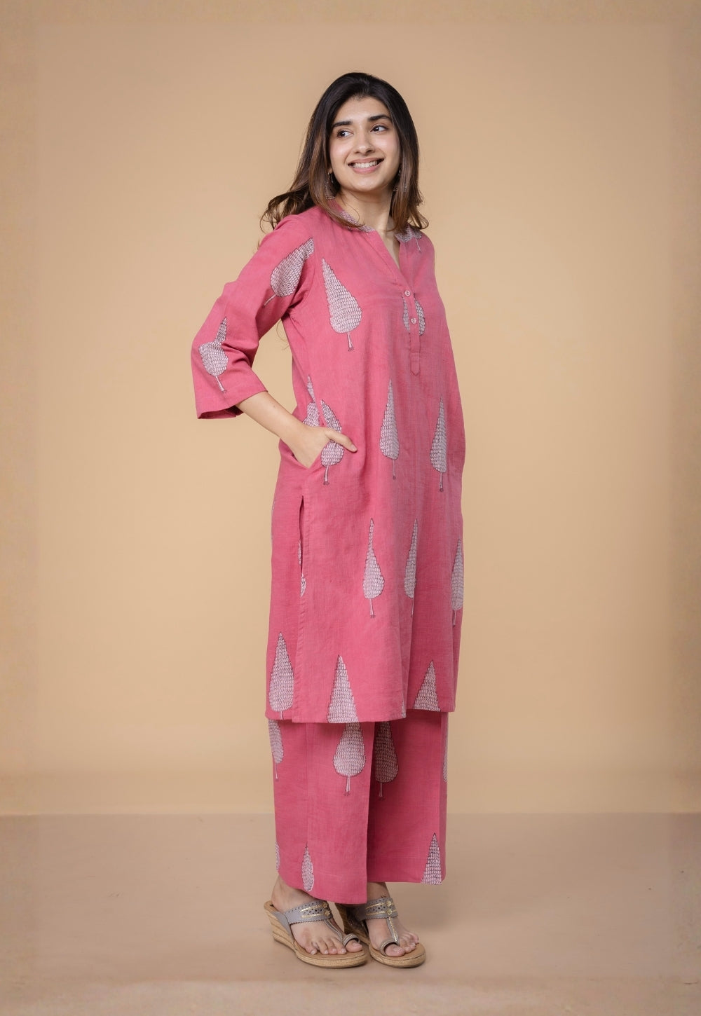 Nysa Pink Dabu Slub Cotton Straight Co-Ord Set