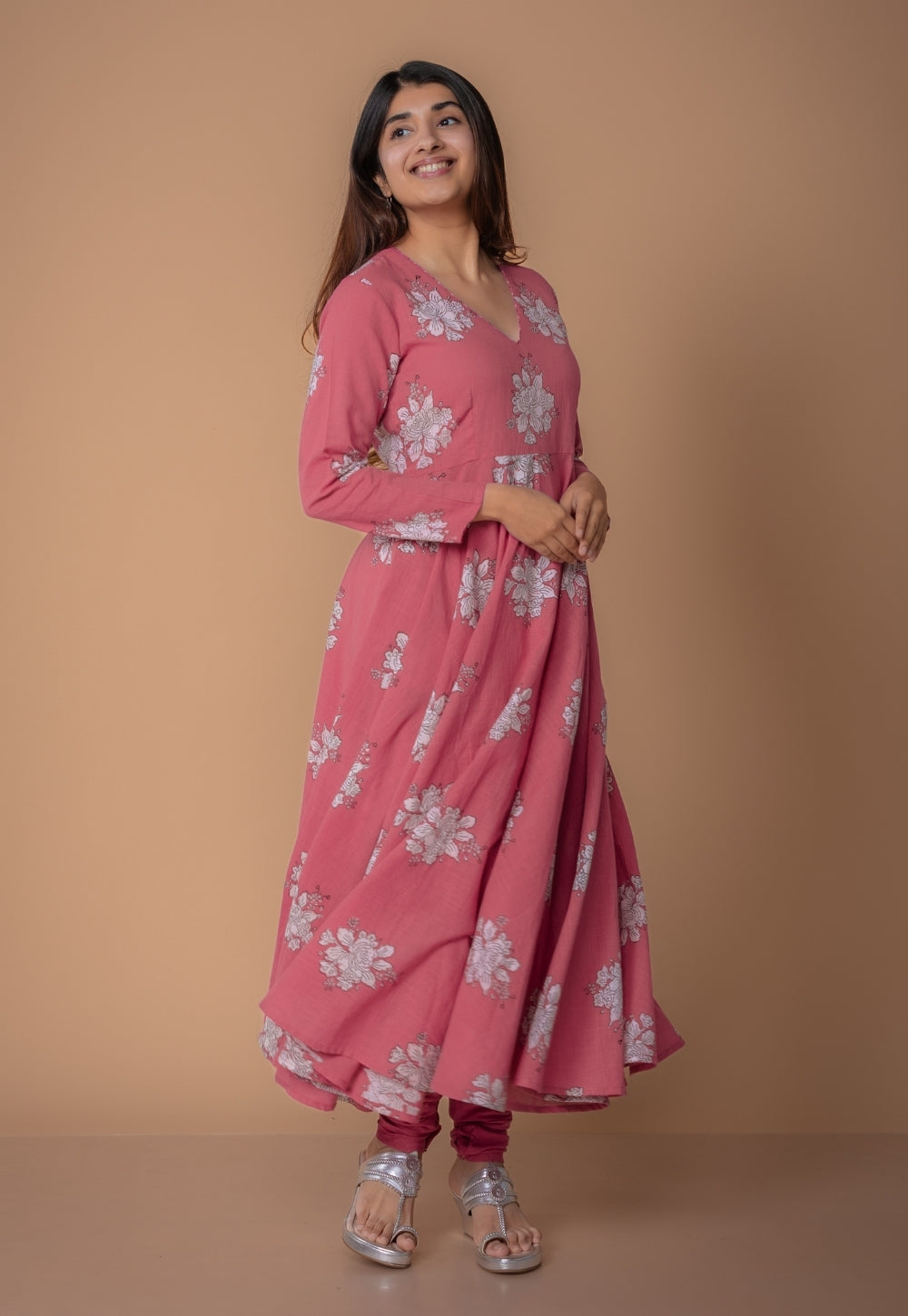 Ruvika Pink Dabu Slub Cotton A Line Kurta