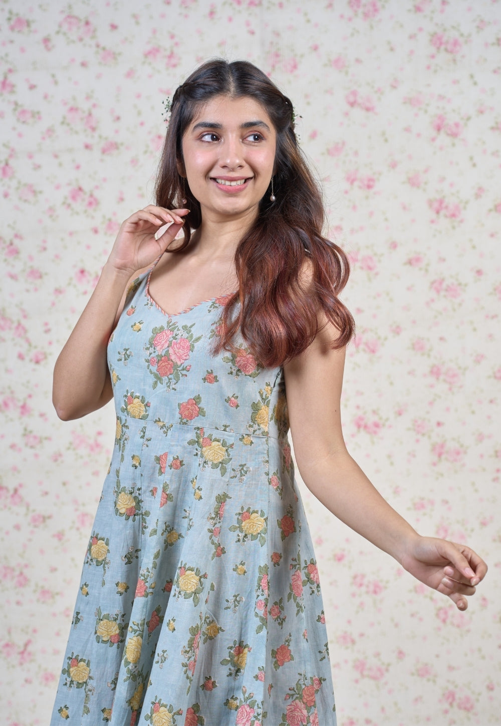 Emma Blue Sanganeri Slub Cotton A Line Dress