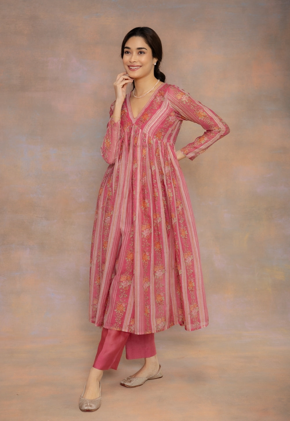 Rooz Pink Sanganeri Chanderi Silk A Line Kurta with Lace Detailing