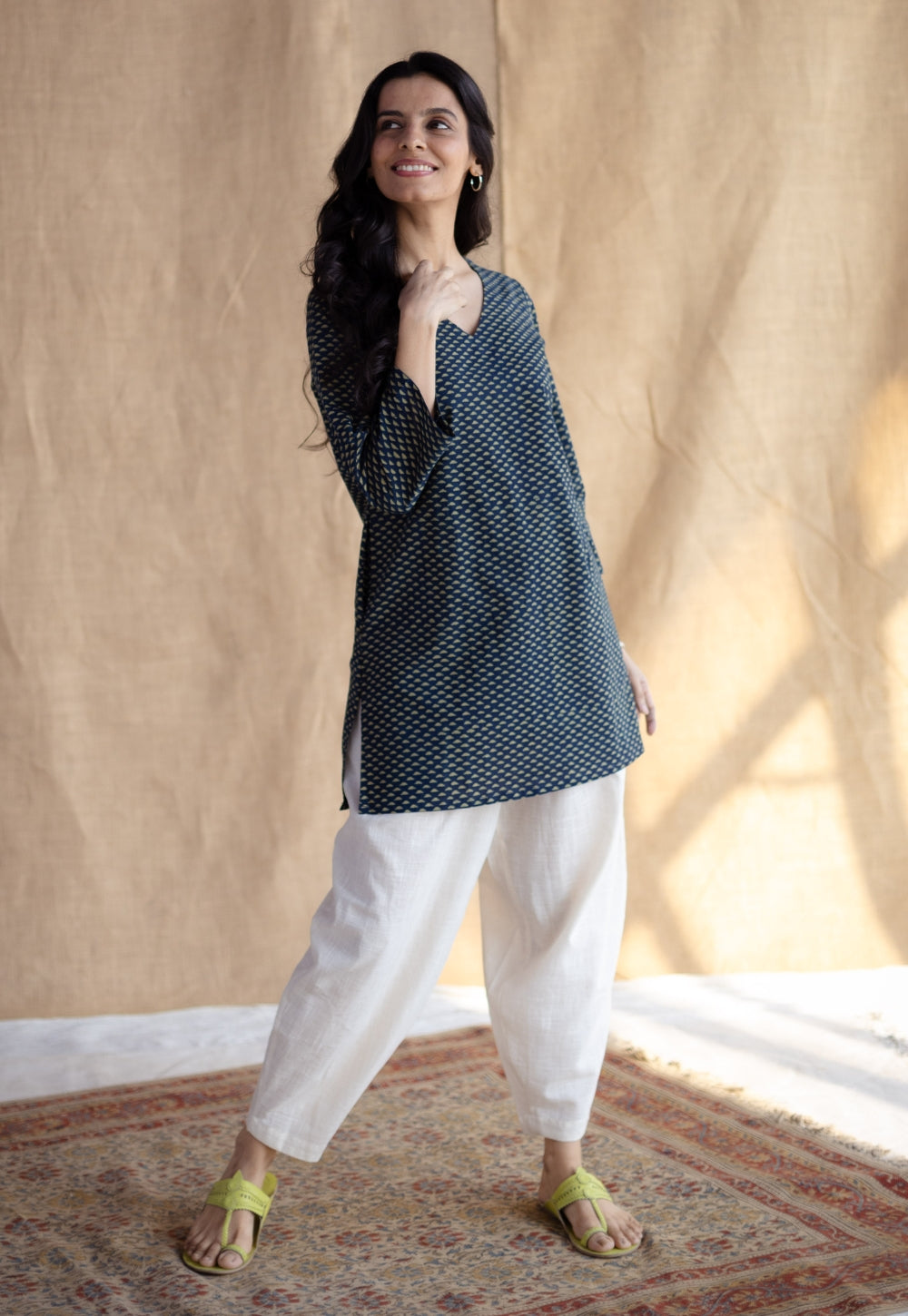 Sahar Indigo Ajrakh Cotton Straight Short Top