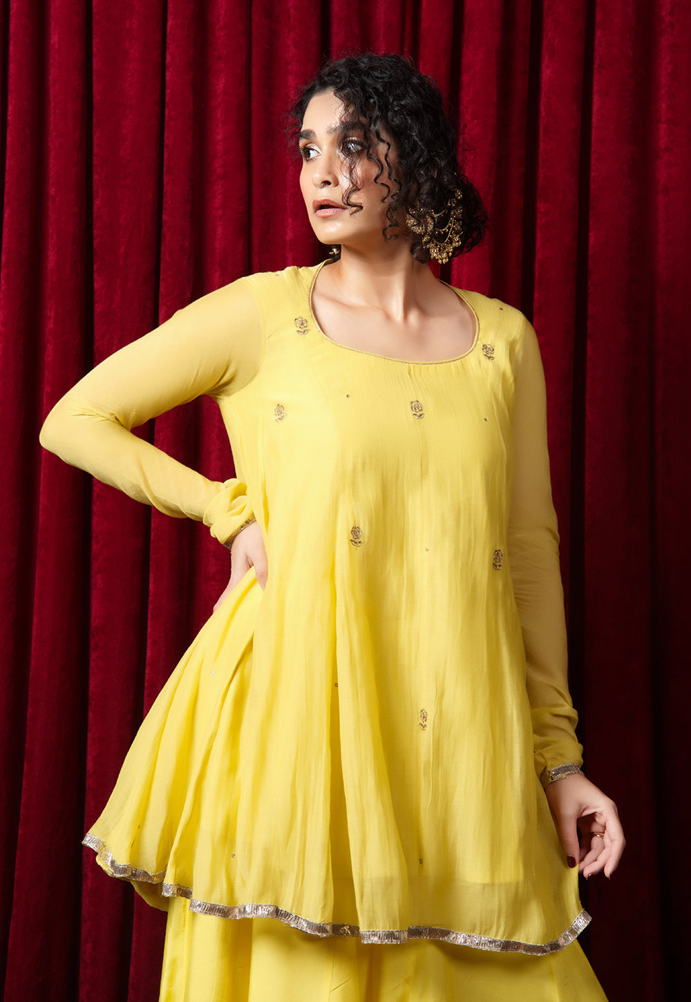 Adha Yellow Solid Chanderi Silk A Line Kurta with Hand Embroidery