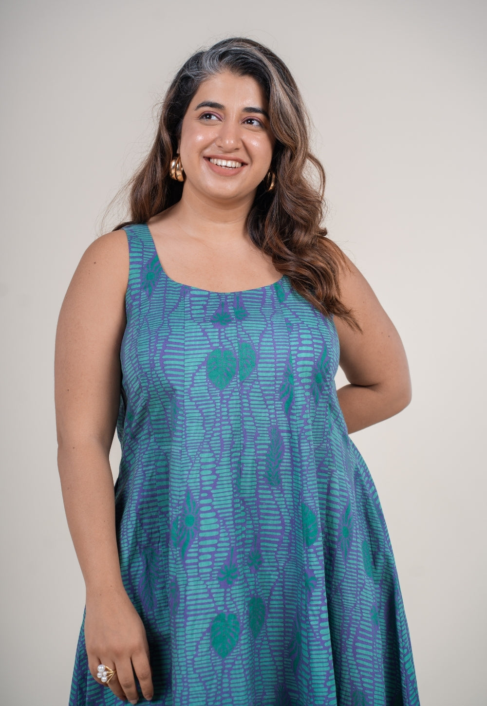 Tira Teal Blue Printed Cotton A Line Dress