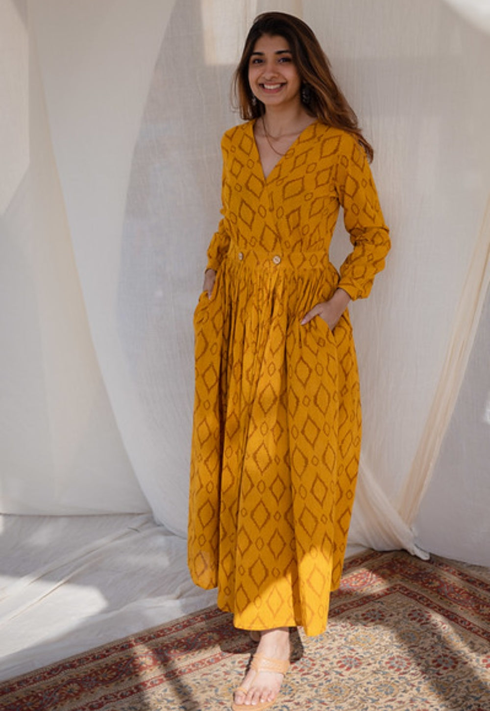 Indian Ethnic Women's Kimaya Yellow Wrap Around Cotton Dress XXL