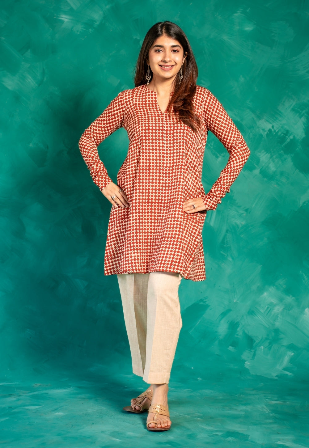 Netra Red Bagru Cotton A Line Short Top