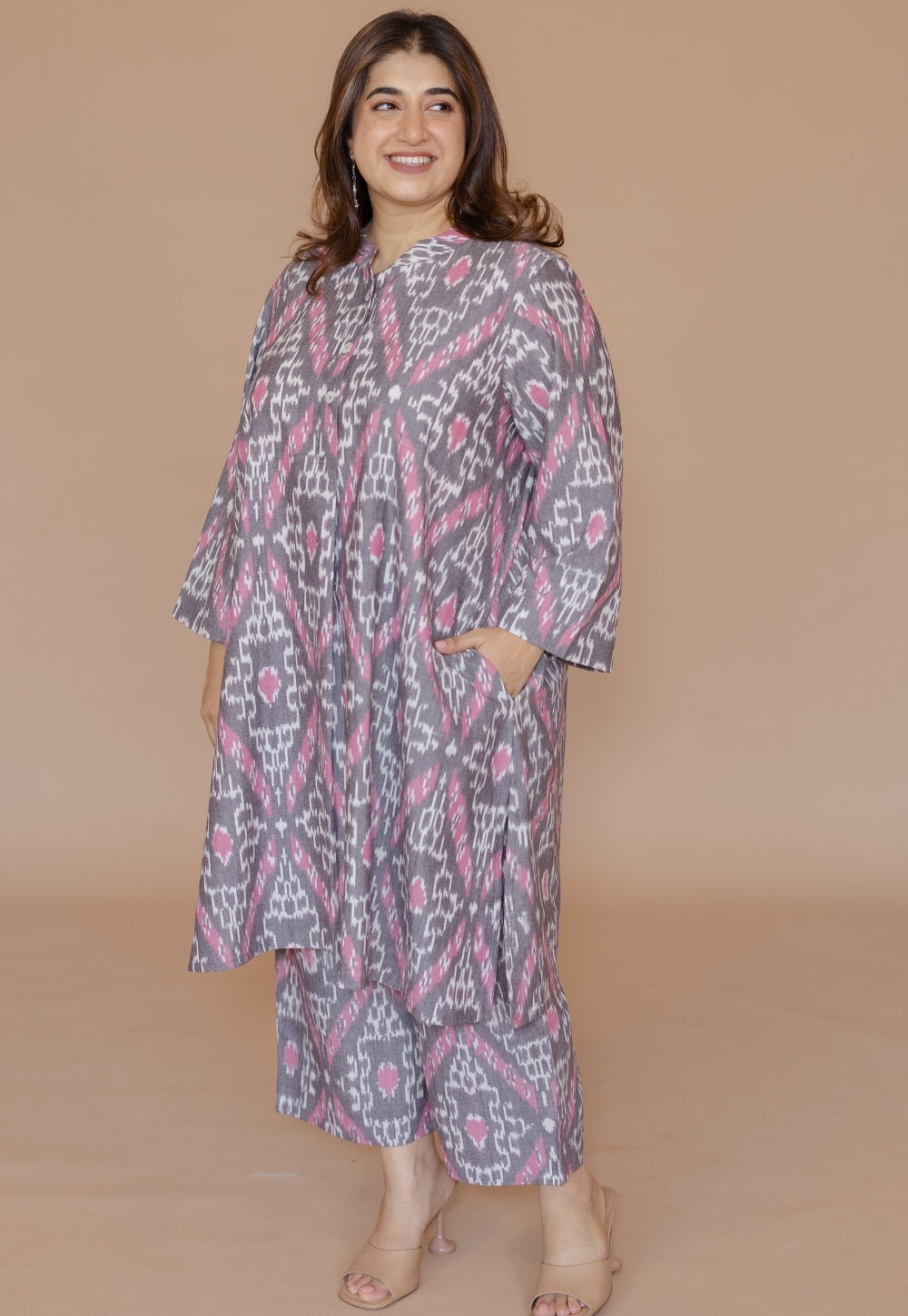 Ayaat Grey Handloom Ikkat Cotton Straight Co-Ord Set