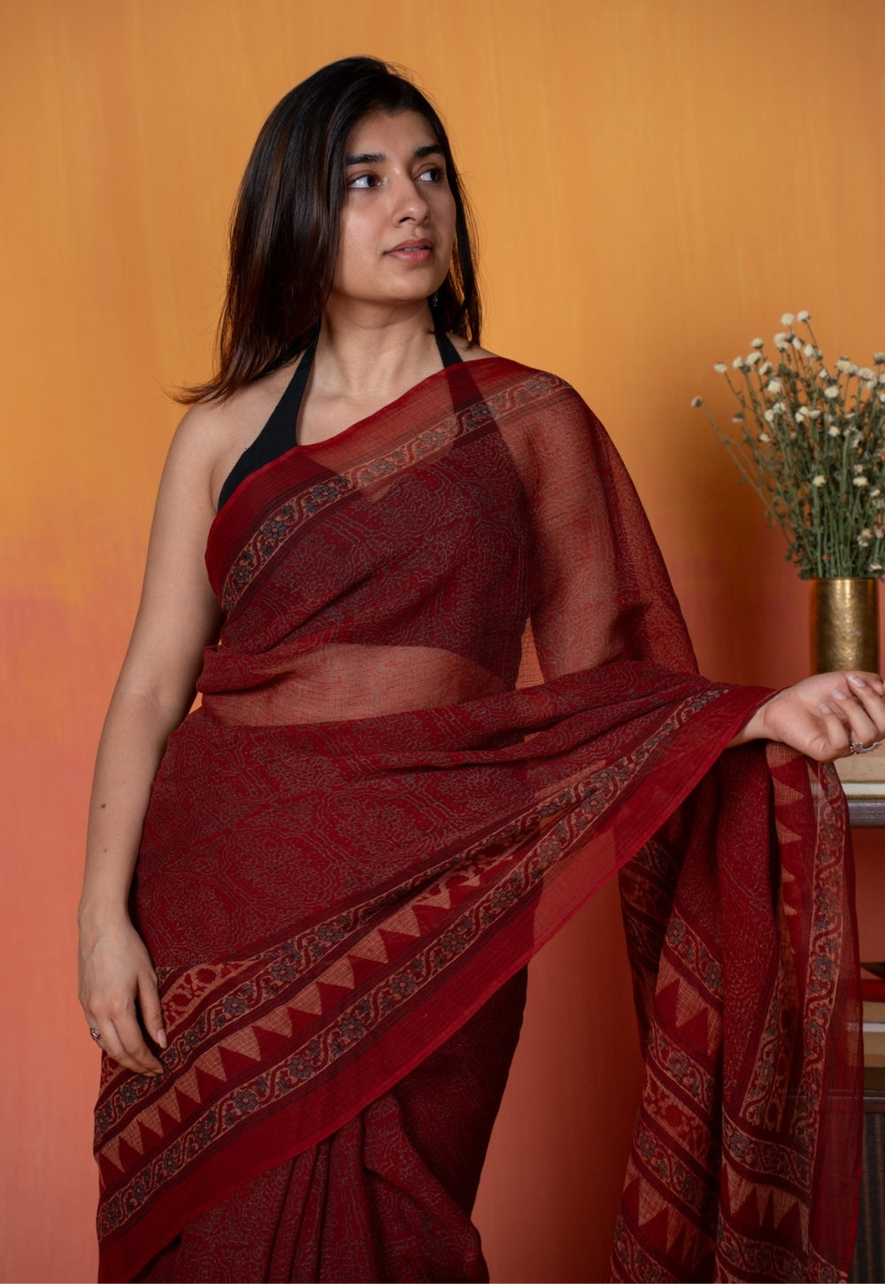 Red Tribal Ajrkah Hand Block Print Kota Doria Cotton Saree